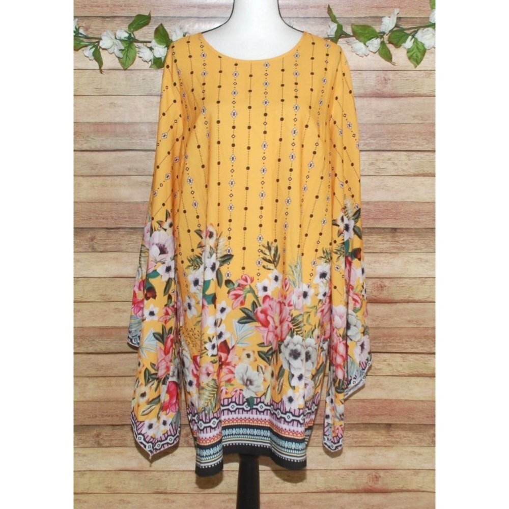 Shein Curve 2XL Yellow Shift Dress Long Kimono Sleeve Floral Knee Length Casual